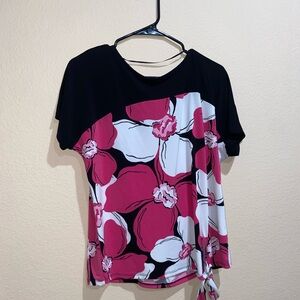 Conservative floral blouse ruffled detail attire short sleeve shirt stylish top